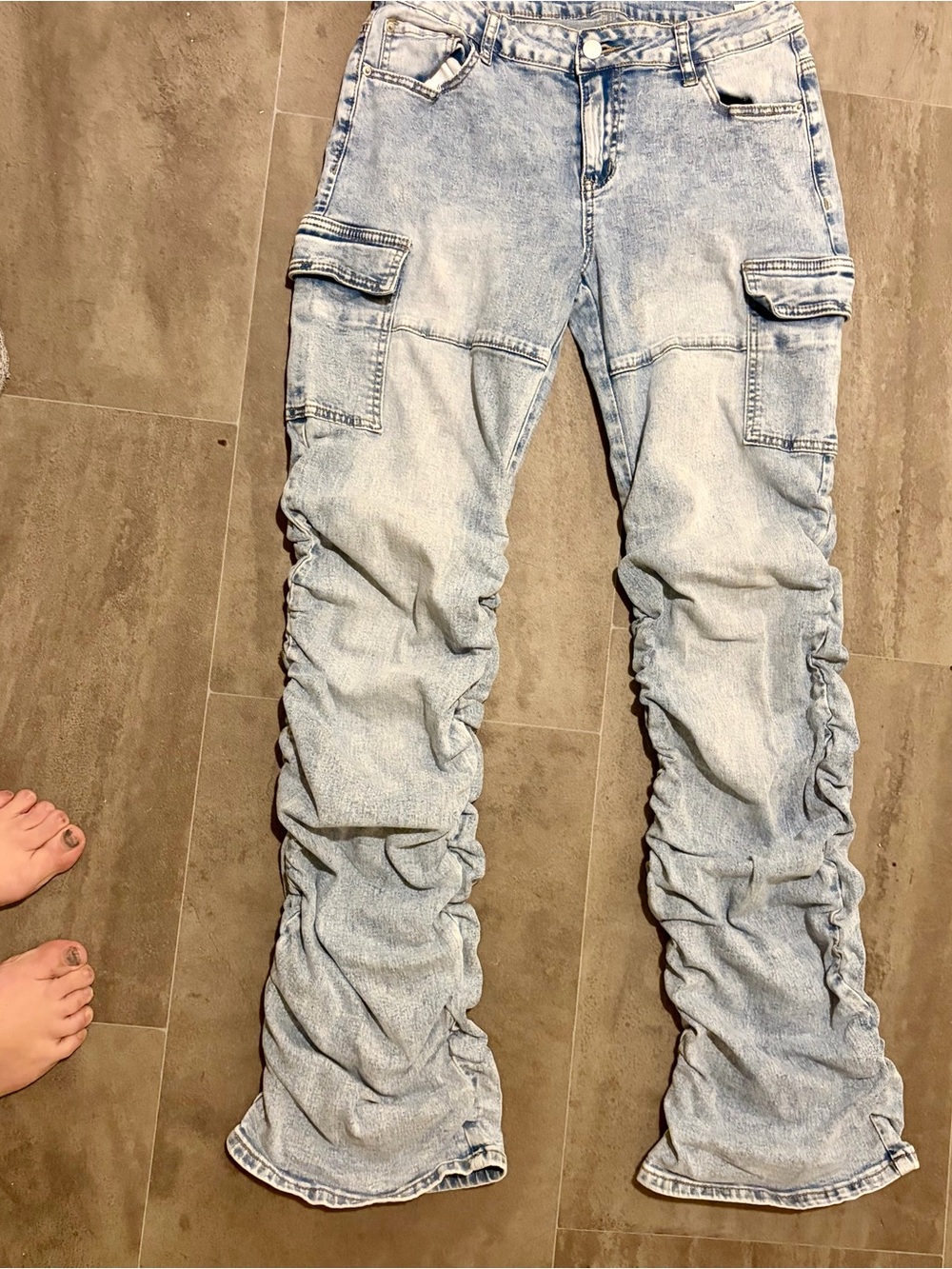 SHEIN Light Blue Ruched Cargo Wide-Leg Jeans